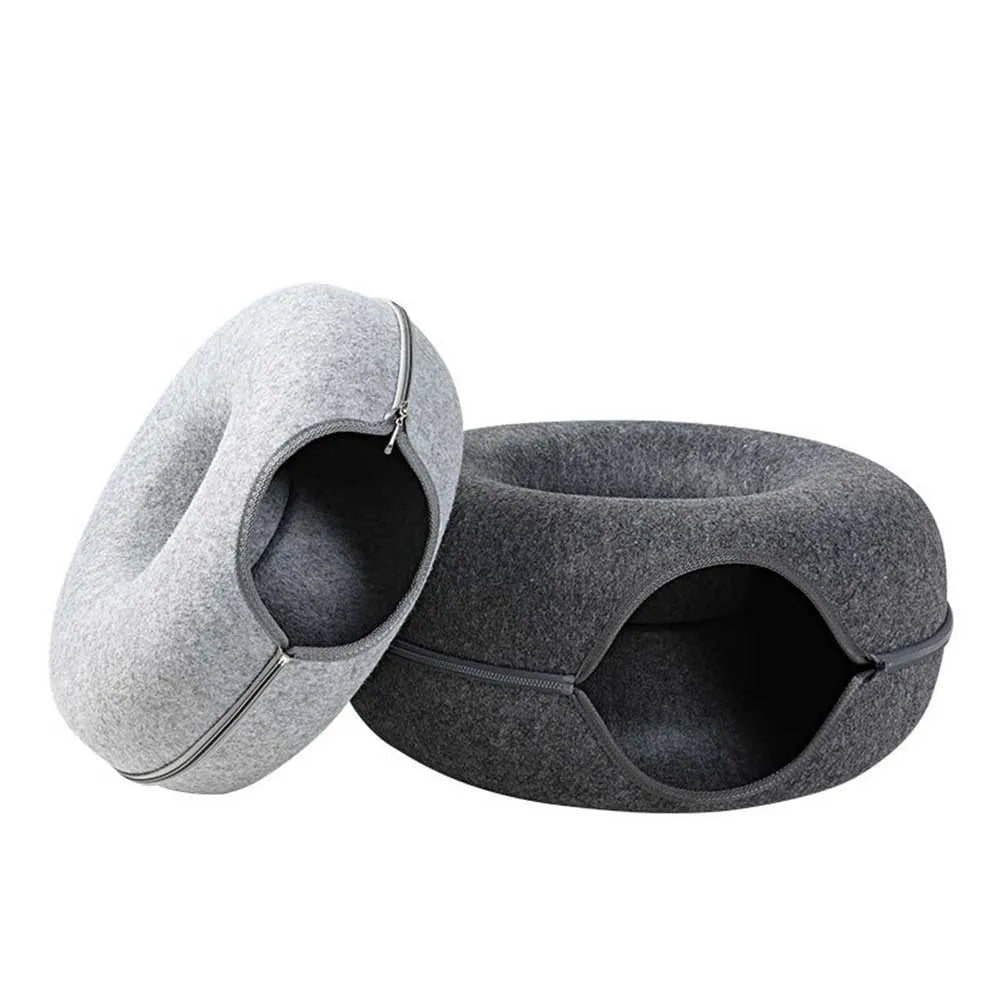 Donut Cat Bed with Interactive Tunnel | Felt Pet Toy & Training House for Cats