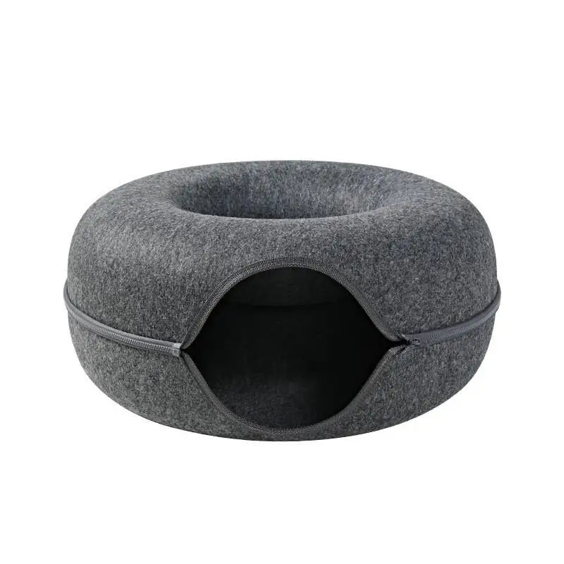 Donut Cat Bed with Interactive Tunnel | Felt Pet Toy & Training House for Cats