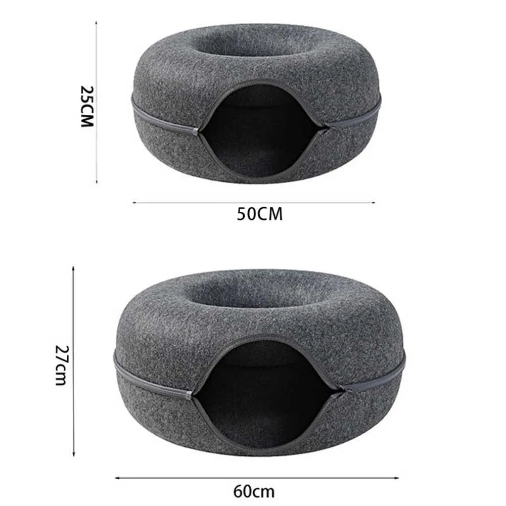 Donut Cat Bed with Interactive Tunnel | Felt Pet Toy & Training House for Cats