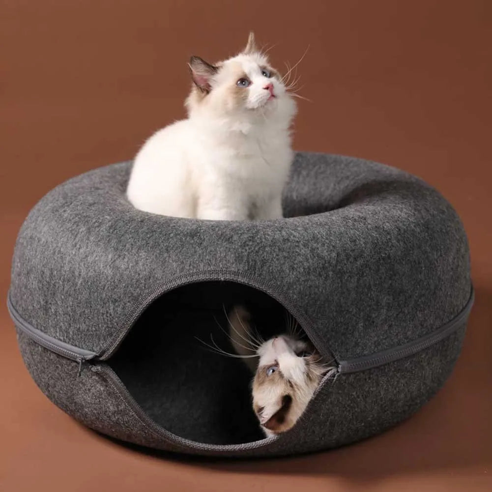 Donut Cat Bed with Interactive Tunnel | Felt Pet Toy & Training House for Cats