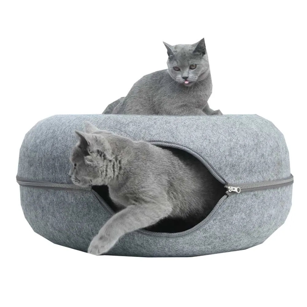 Donut Cat Bed with Interactive Tunnel | Felt Pet Toy & Training House for Cats